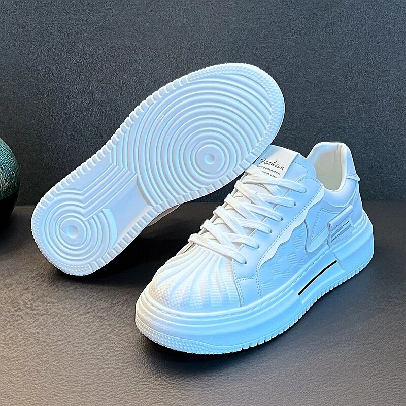 Chaussures de marche blanches à bout rond pour hommes, confortables, en cuir microfibre, à lacets, tendance, polyvalentes, décontractées,